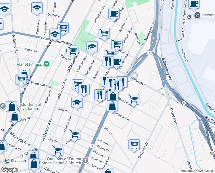map of restaurants, bars, coffee shops, grocery stores, and more near 650 Van Buren Avenue in Elizabeth