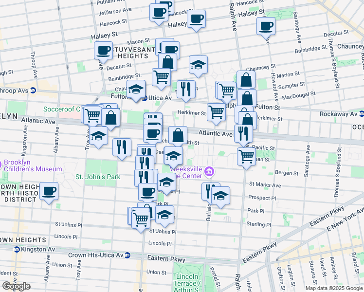 map of restaurants, bars, coffee shops, grocery stores, and more near 83 Rochester Avenue in Brooklyn