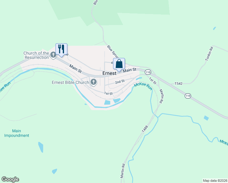 map of restaurants, bars, coffee shops, grocery stores, and more near 400 1st Street in Ernest