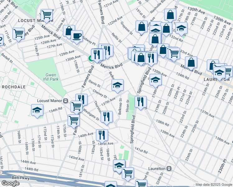 map of restaurants, bars, coffee shops, grocery stores, and more near 179-37 137th Avenue in Queens