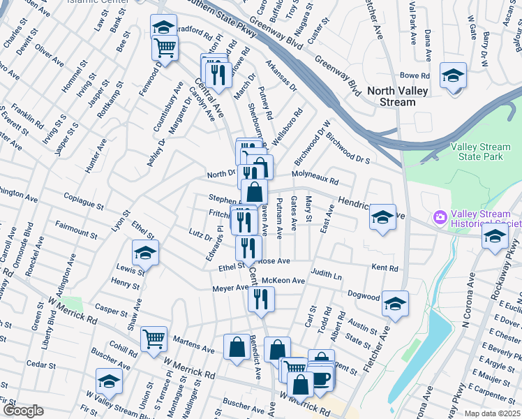 map of restaurants, bars, coffee shops, grocery stores, and more near 56 Haven Avenue in Valley Stream
