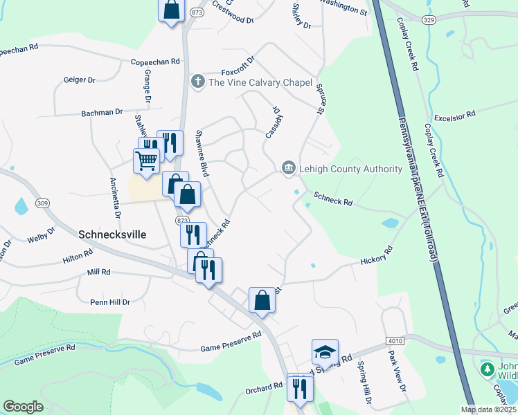 map of restaurants, bars, coffee shops, grocery stores, and more near 4922 Shawnee Court in Schnecksville
