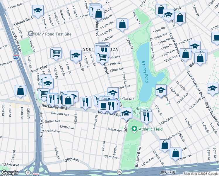 map of restaurants, bars, coffee shops, grocery stores, and more near 123-11 147th Street in Queens