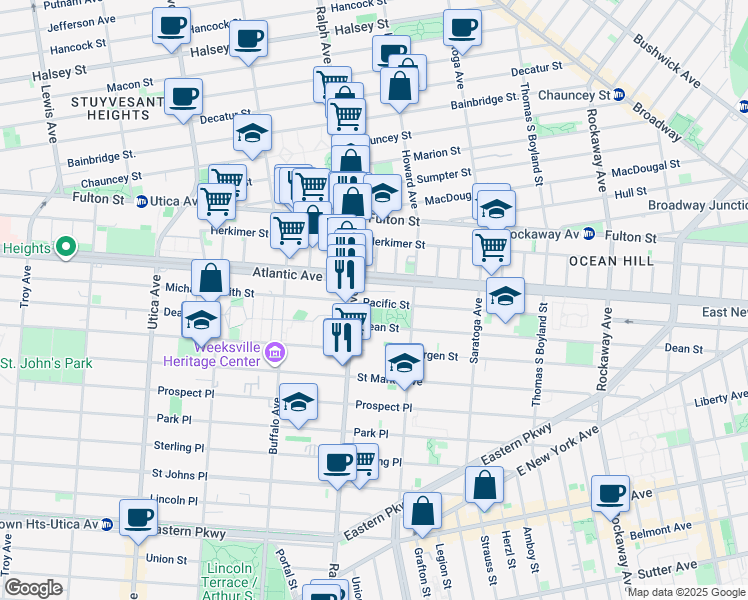 map of restaurants, bars, coffee shops, grocery stores, and more near 2023 Pacific Street in Brooklyn