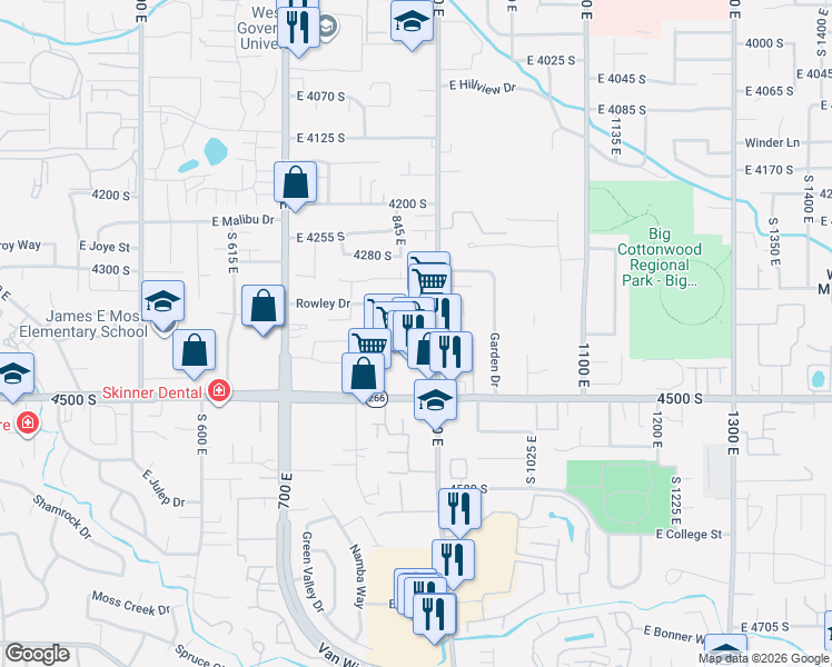 map of restaurants, bars, coffee shops, grocery stores, and more near 845 East 4500 South in Salt Lake City