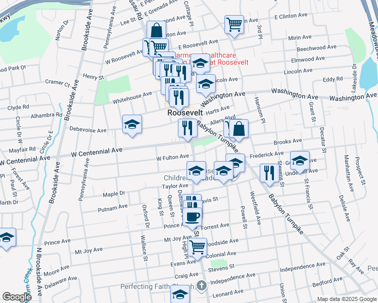 map of restaurants, bars, coffee shops, grocery stores, and more near 27 West Fulton Avenue in Roosevelt