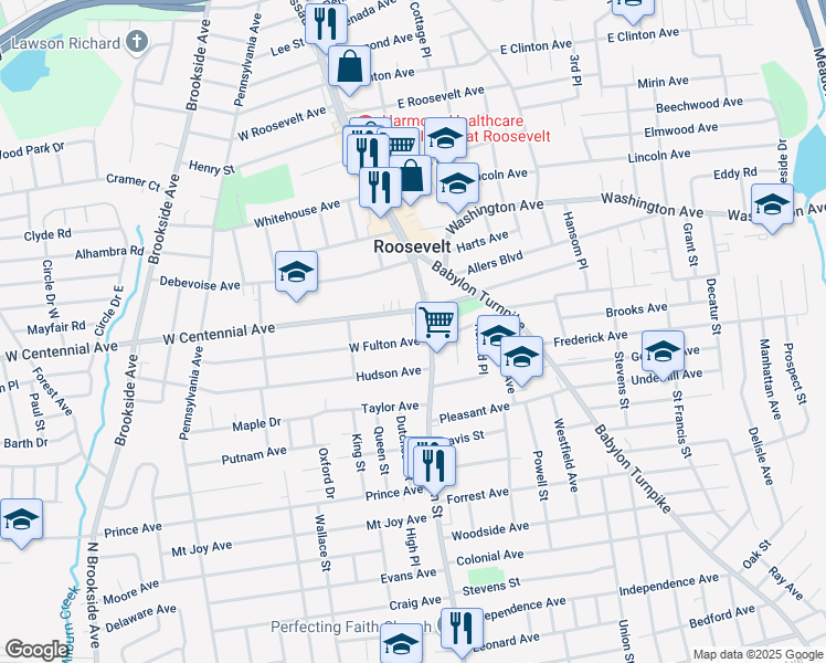 map of restaurants, bars, coffee shops, grocery stores, and more near 27 West Fulton Avenue in Roosevelt