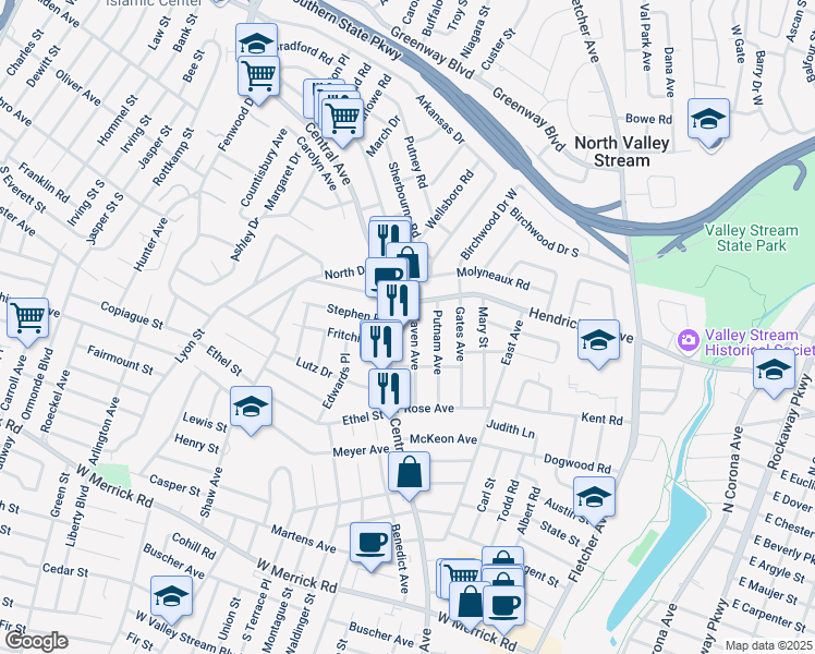 map of restaurants, bars, coffee shops, grocery stores, and more near 56 Haven Avenue in Valley Stream
