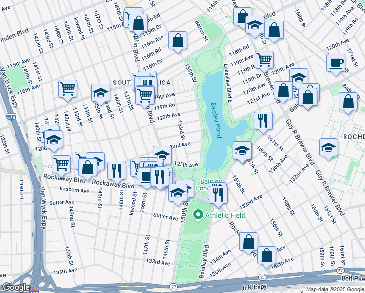 map of restaurants, bars, coffee shops, grocery stores, and more near 124-7 153rd Street in Queens