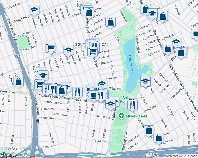 map of restaurants, bars, coffee shops, grocery stores, and more near 123-11 147th Street in Queens