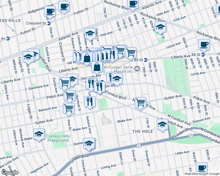 map of restaurants, bars, coffee shops, grocery stores, and more near 611 Eldert Lane in Brooklyn