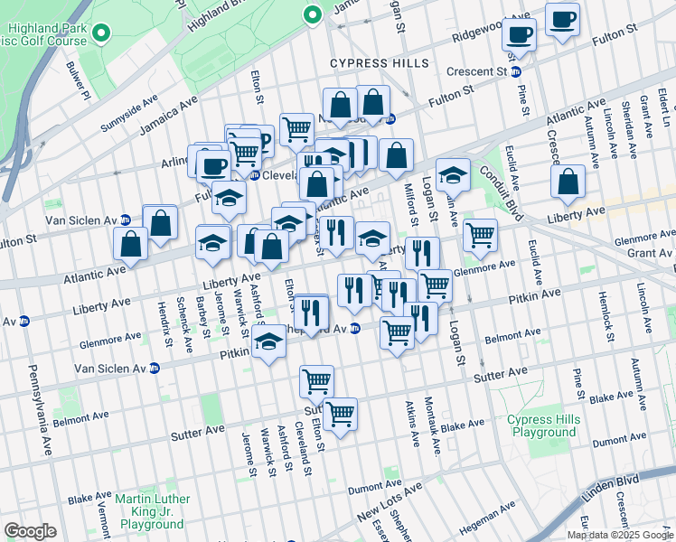 map of restaurants, bars, coffee shops, grocery stores, and more near 793 Glenmore Avenue in Brooklyn