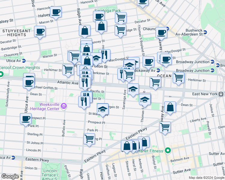 map of restaurants, bars, coffee shops, grocery stores, and more near 2083 Dean Street in Brooklyn
