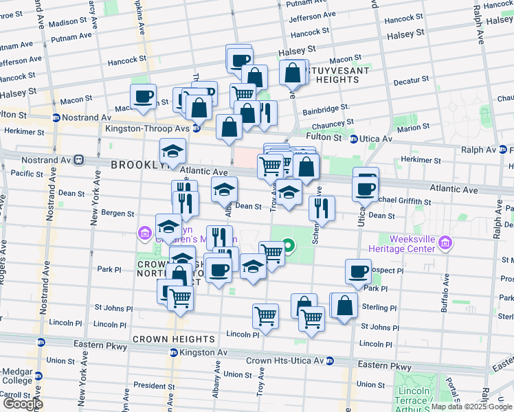 map of restaurants, bars, coffee shops, grocery stores, and more near 126 Troy Avenue in Brooklyn