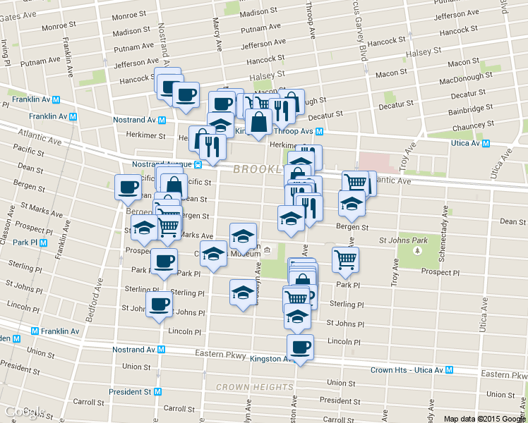 map of restaurants, bars, coffee shops, grocery stores, and more near 127 Brooklyn Avenue in Brooklyn
