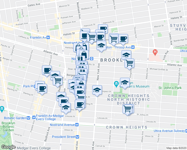 map of restaurants, bars, coffee shops, grocery stores, and more near 725 Saint Marks Avenue in Brooklyn