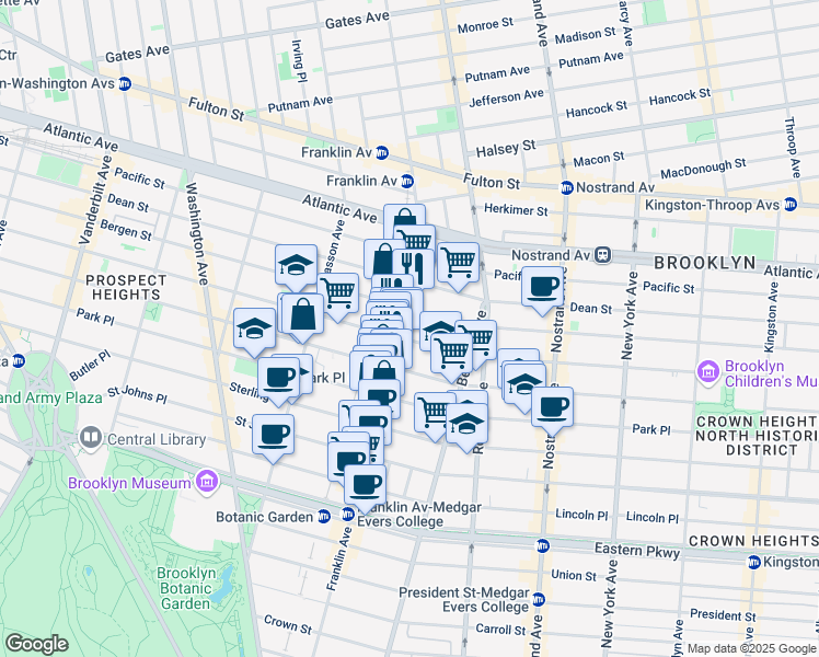 map of restaurants, bars, coffee shops, grocery stores, and more near 671 Franklin Avenue in Brooklyn
