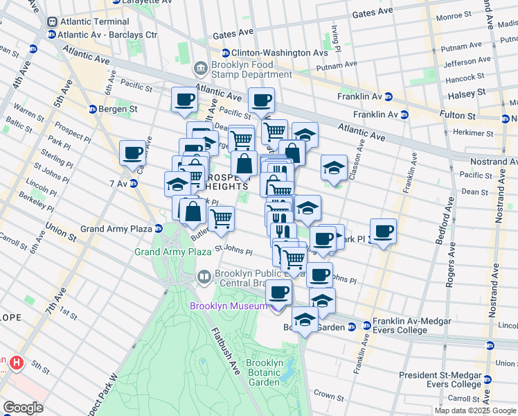 map of restaurants, bars, coffee shops, grocery stores, and more near 398 Park Place in Brooklyn