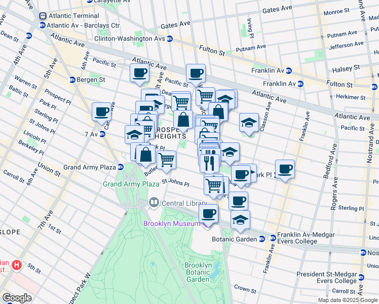 map of restaurants, bars, coffee shops, grocery stores, and more near 398 Park Place in Brooklyn