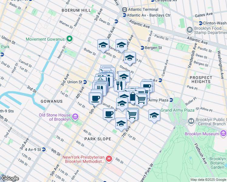 map of restaurants, bars, coffee shops, grocery stores, and more near 740A Union Street in Brooklyn