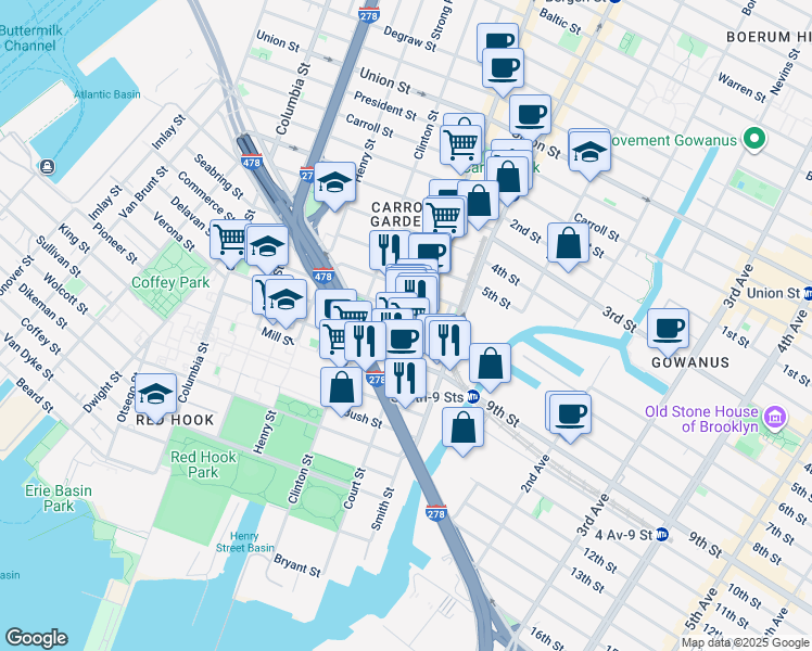 map of restaurants, bars, coffee shops, grocery stores, and more near 519 Court Street in Brooklyn