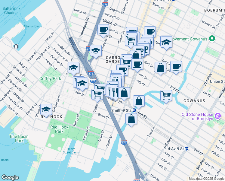map of restaurants, bars, coffee shops, grocery stores, and more near 519 Court Street in Brooklyn