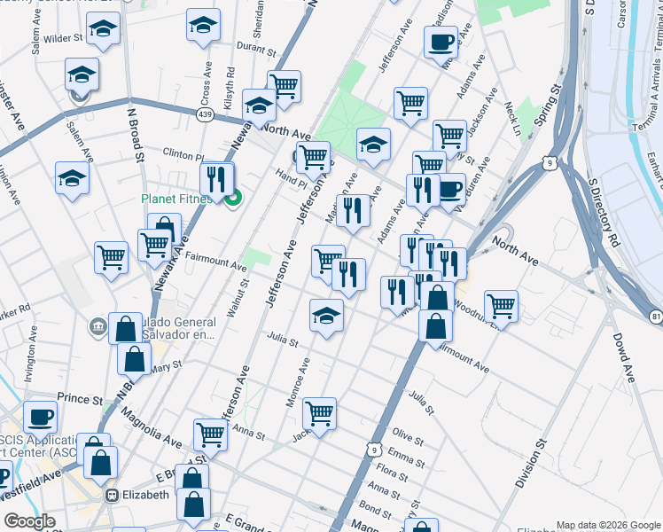map of restaurants, bars, coffee shops, grocery stores, and more near 612-614 Monroe Avenue in Elizabeth