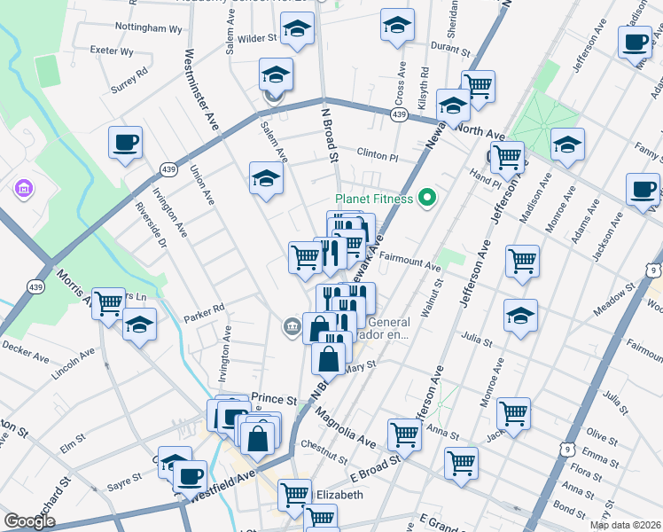map of restaurants, bars, coffee shops, grocery stores, and more near 560-574 North Broad Street in Elizabeth
