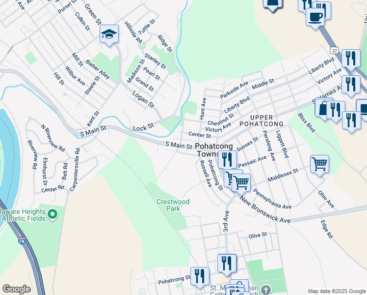 map of restaurants, bars, coffee shops, grocery stores, and more near 1406 Zellers Alley in Phillipsburg