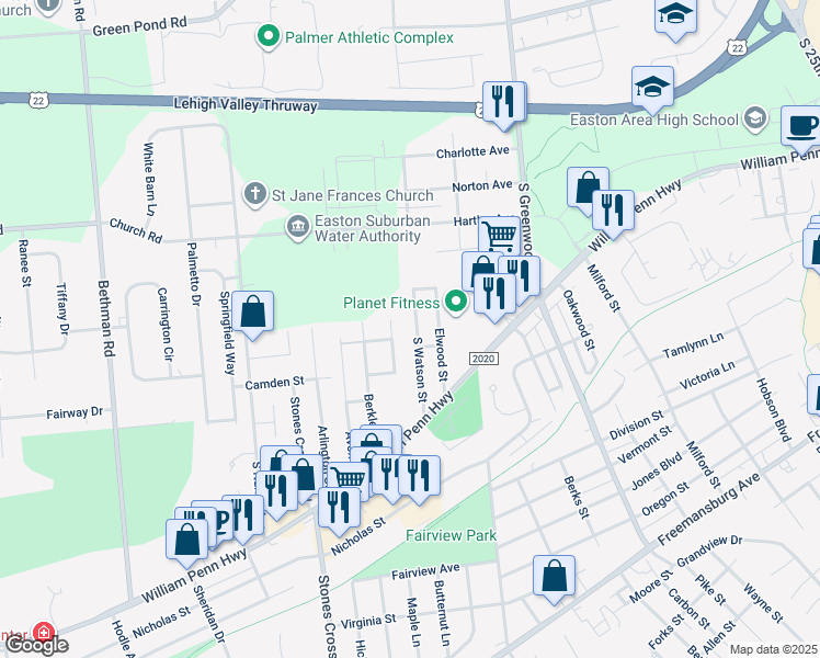 map of restaurants, bars, coffee shops, grocery stores, and more near 401 South Watson Street in Easton