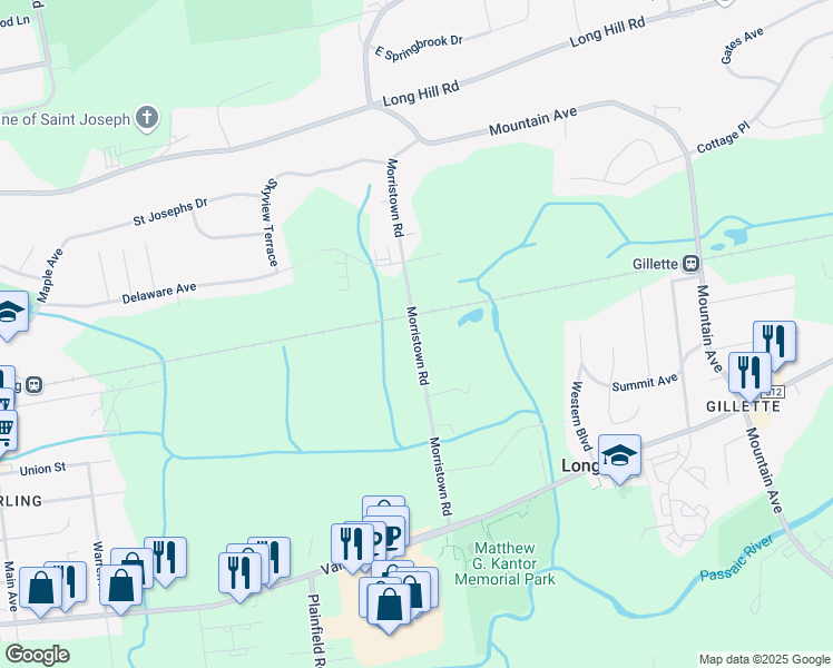 map of restaurants, bars, coffee shops, grocery stores, and more near Morristown Road in Long Hill