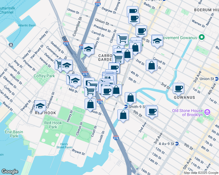 map of restaurants, bars, coffee shops, grocery stores, and more near 519 Brooklyn Bridge Boulevard in Brooklyn