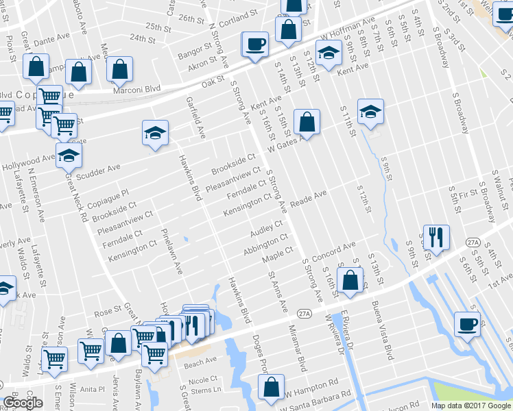 map of restaurants, bars, coffee shops, grocery stores, and more near 404 Kensington Court in Copiague