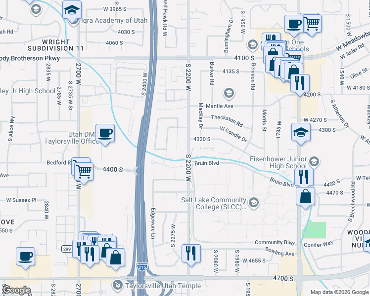 map of restaurants, bars, coffee shops, grocery stores, and more near 2200 West 4350 South in Salt Lake City