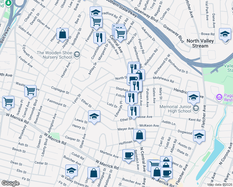 map of restaurants, bars, coffee shops, grocery stores, and more near 84 Edwards Place in Valley Stream