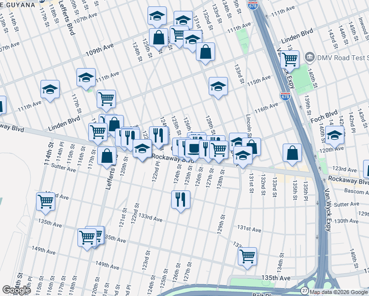 map of restaurants, bars, coffee shops, grocery stores, and more near 124-00 Rockaway Boulevard in Queens