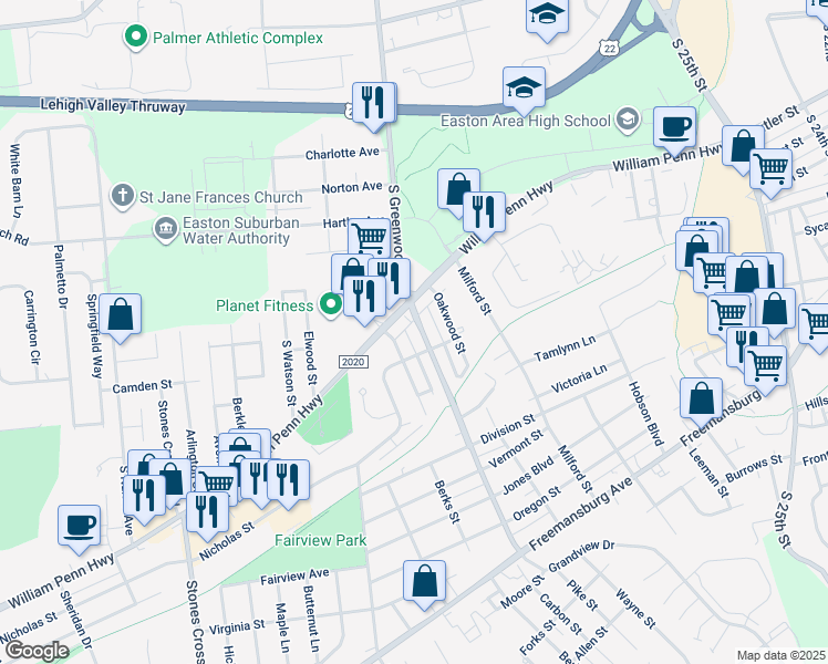 map of restaurants, bars, coffee shops, grocery stores, and more near 507 South Greenwood Avenue in Easton
