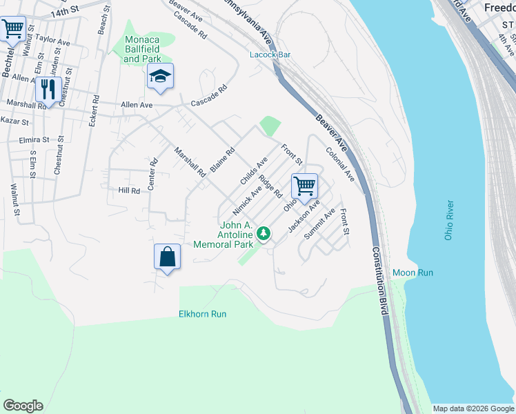 map of restaurants, bars, coffee shops, grocery stores, and more near 1046 Ohio Avenue in Monaca