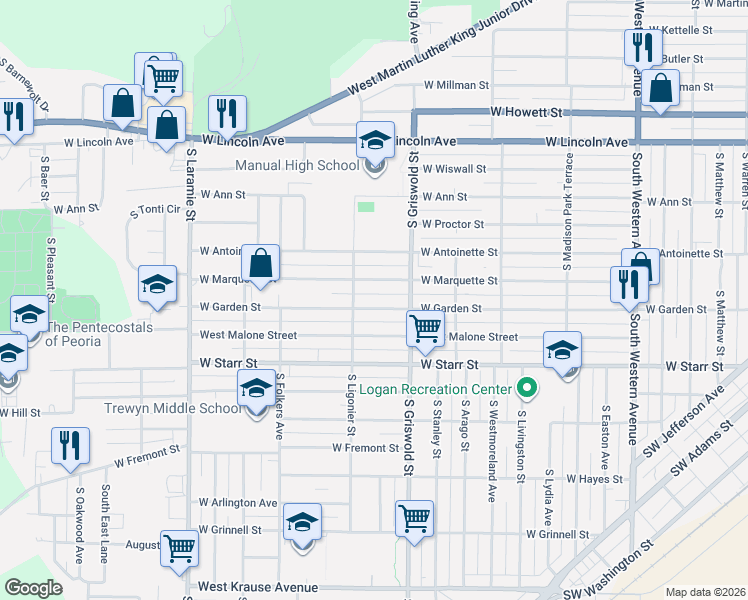 map of restaurants, bars, coffee shops, grocery stores, and more near 2510 West Garden Street in Peoria