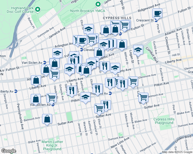 map of restaurants, bars, coffee shops, grocery stores, and more near 753 Glenmore Avenue in Brooklyn