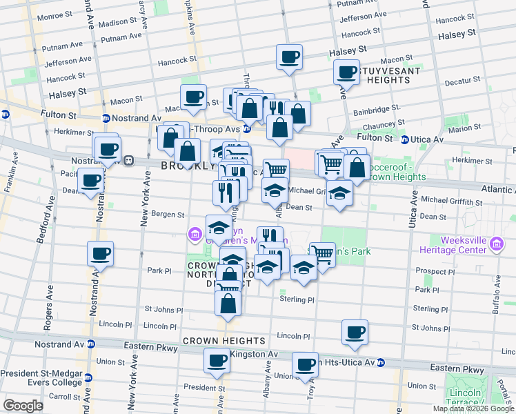 map of restaurants, bars, coffee shops, grocery stores, and more near 1362A Bergen Street in Brooklyn