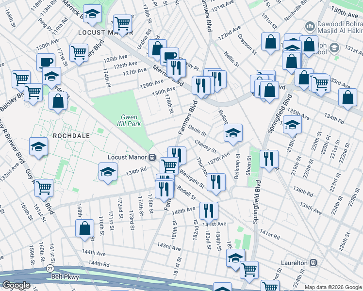 map of restaurants, bars, coffee shops, grocery stores, and more near 177-26 135th Avenue in Queens
