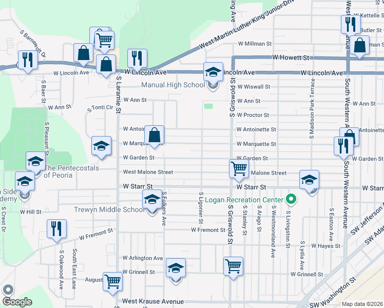 map of restaurants, bars, coffee shops, grocery stores, and more near 1149 South Ligonier Street in Peoria