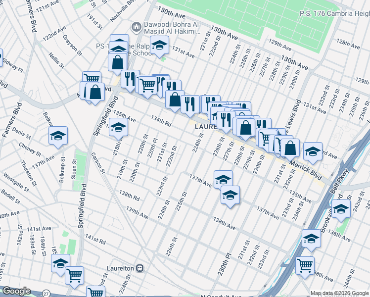 map of restaurants, bars, coffee shops, grocery stores, and more near 135-37 223rd Street in Queens