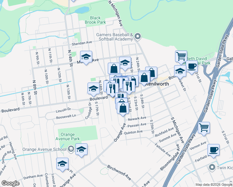 map of restaurants, bars, coffee shops, grocery stores, and more near 504 Kenilworth Boulevard in Kenilworth
