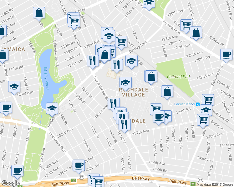 map of restaurants, bars, coffee shops, grocery stores, and more near 163-25 130th Avenue in Queens