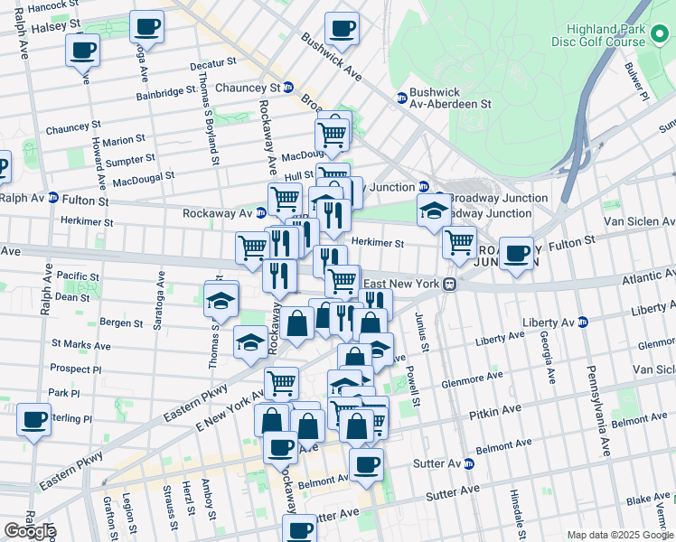 map of restaurants, bars, coffee shops, grocery stores, and more near Atlantic Avenue & Eastern Parkway in Brooklyn