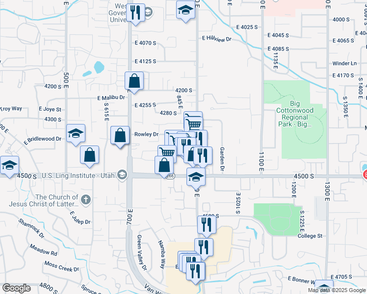 map of restaurants, bars, coffee shops, grocery stores, and more near 4380 South 900 East in Millcreek