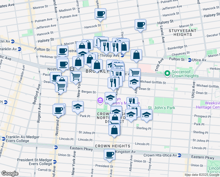 map of restaurants, bars, coffee shops, grocery stores, and more near 1286 Bergen Street in Brooklyn