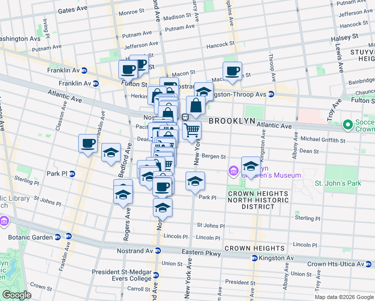 map of restaurants, bars, coffee shops, grocery stores, and more near 725 Saint Marks Avenue in Brooklyn